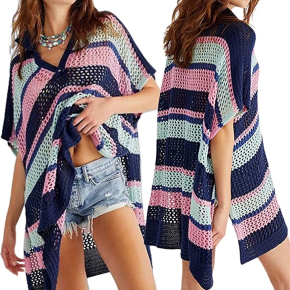 Fun Collared Open Crochet  Coverup Stripe Tunic OSFM - Picture 3 of 7